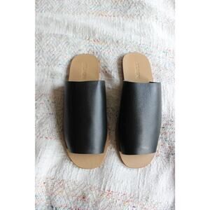 St. Agni Black Leather Slide Sandals with Tan Footbed
